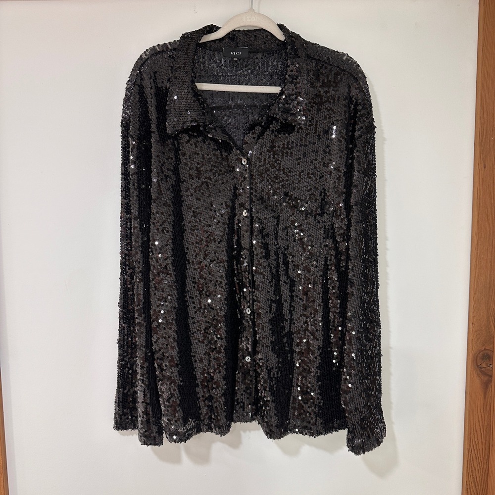 Vici Black Sequin Button-Down Shirt